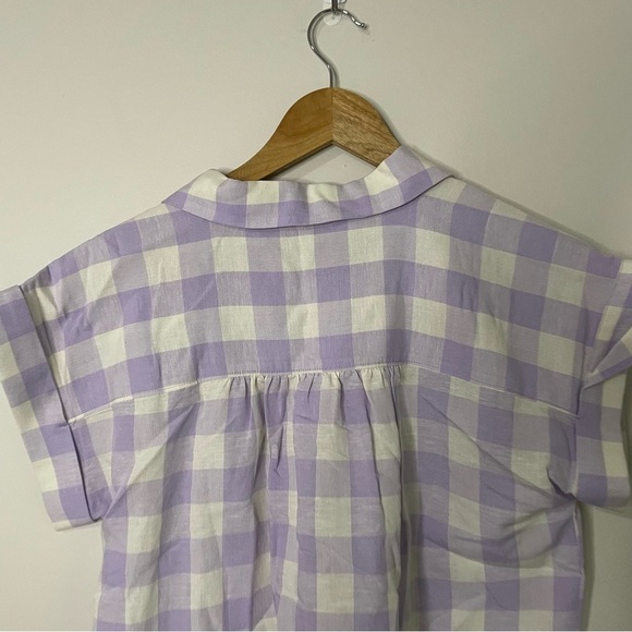 [LOFT] Purple and White Check Print Popover Linen Blend Short Sleeve Top - Picture 7 of 7